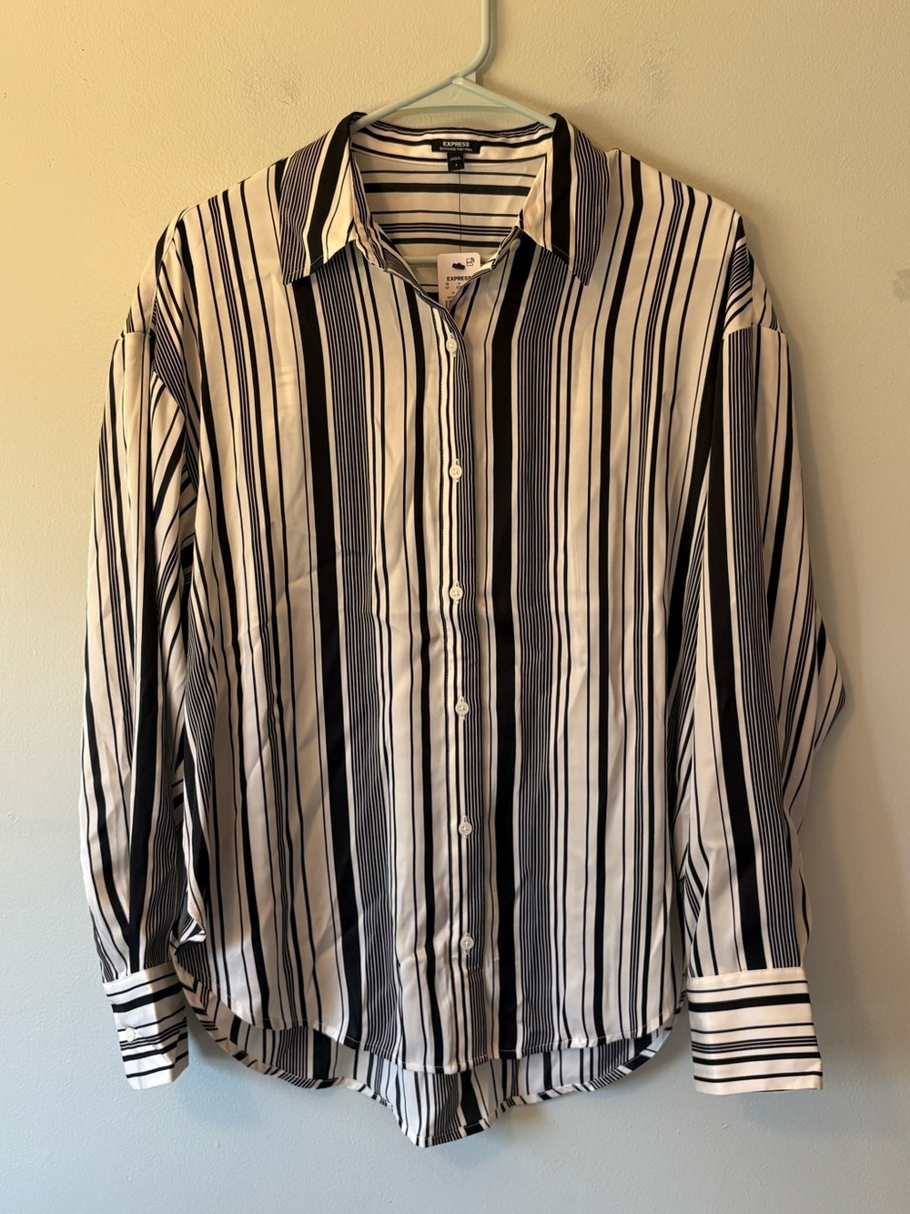 Express Boyfriend Portofino Black and White Vertical Stripe Button-Down Shirt
